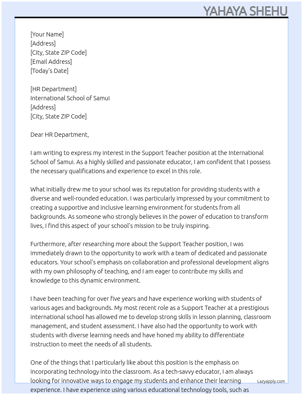 Support Teacher  At International School of Samui Cover Letter