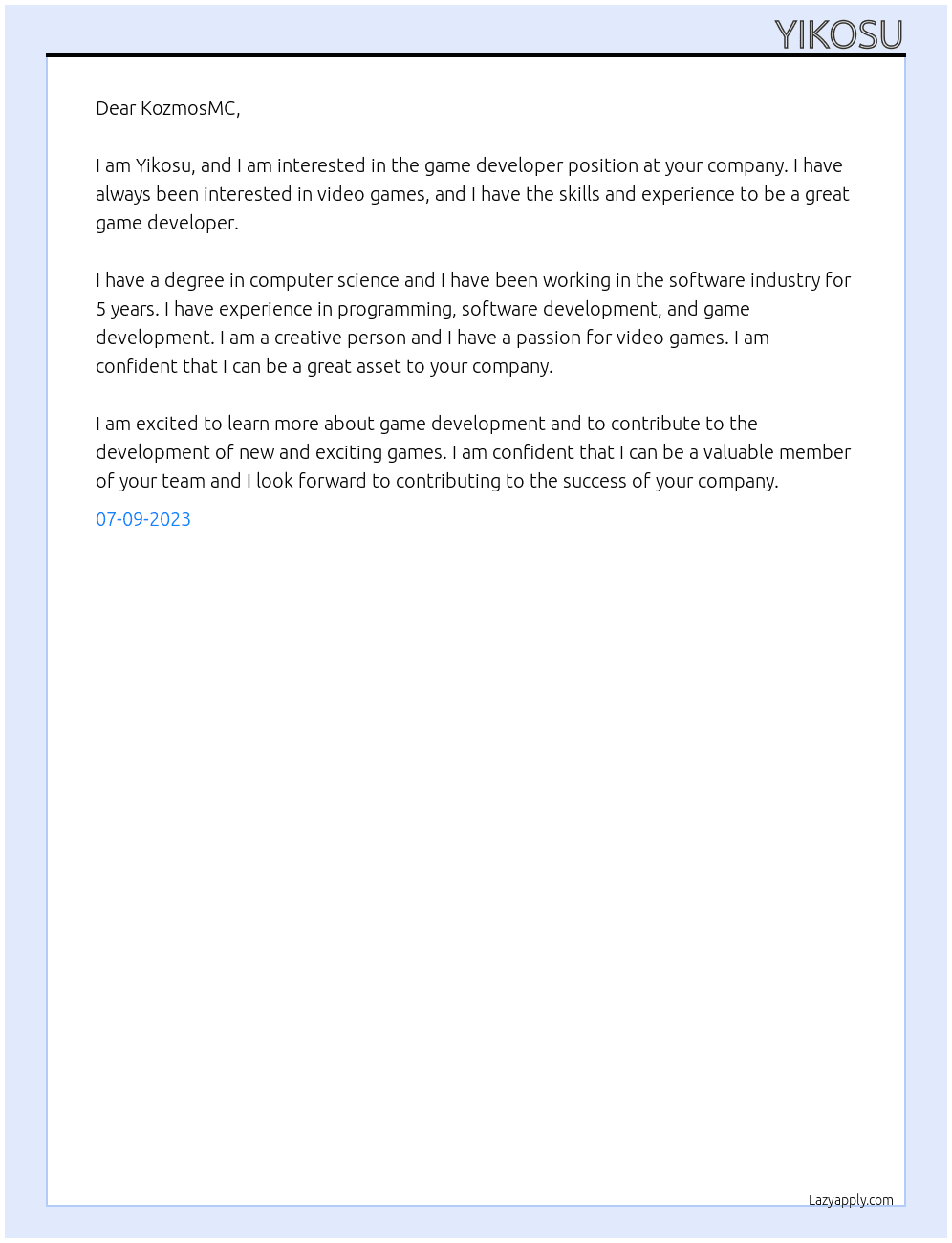 Game Developer At KozmosMC Cover Letter