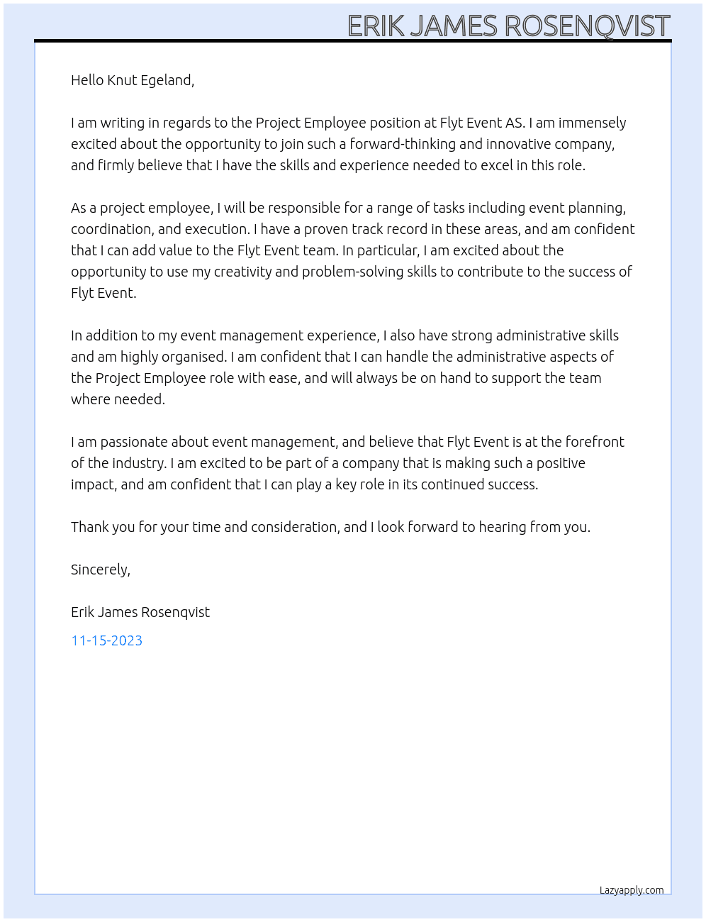 project employee At Flyt Event AS Cover Letter