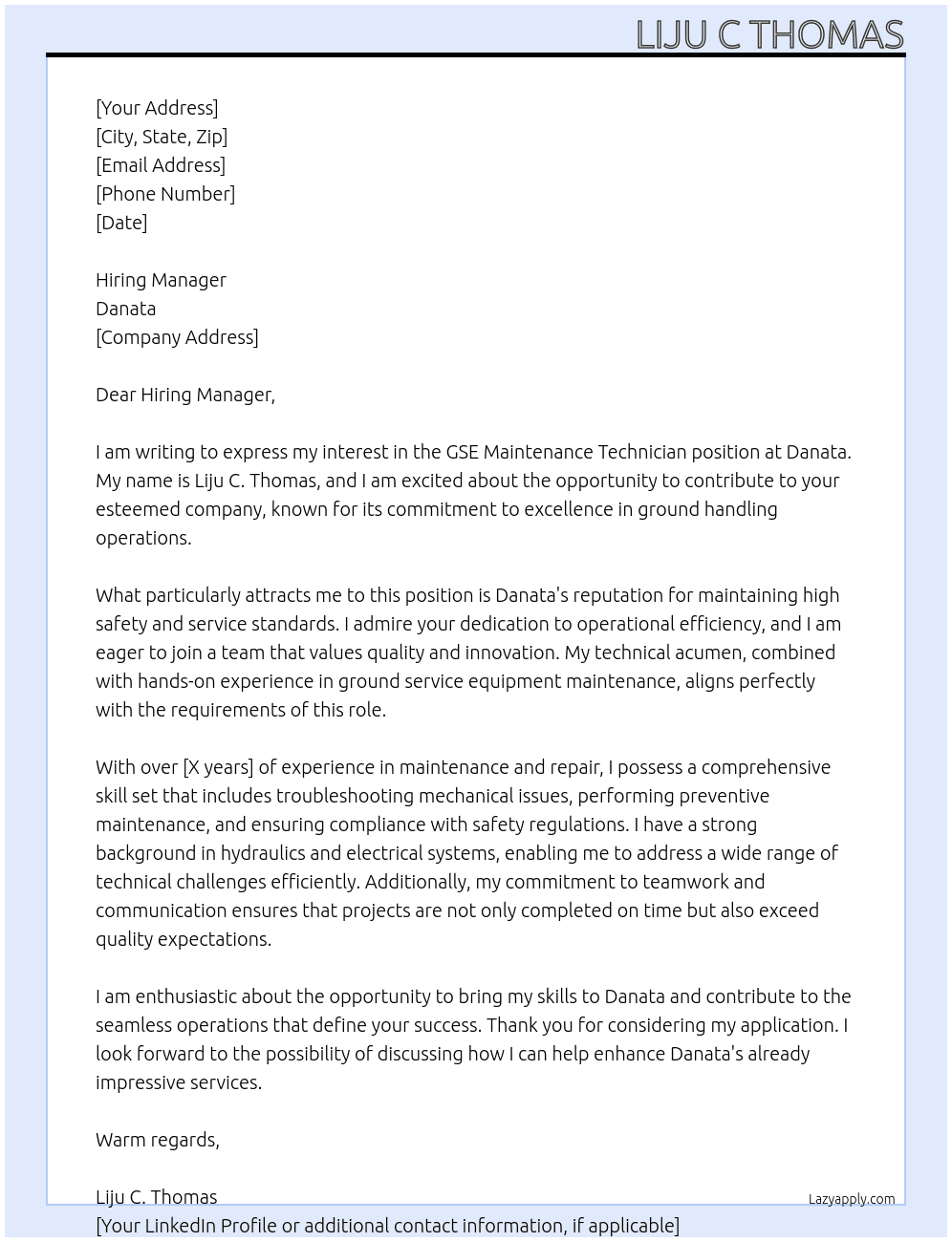 Cover letter for gse maintenance technician - LazyApply