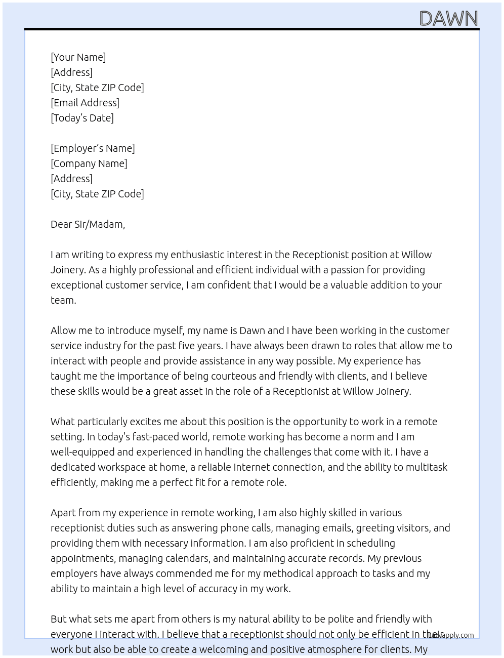 Receptionist At Willow Joinery Cover Letter