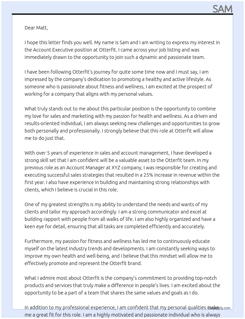 Account Exective At Otterfit Cover Letter