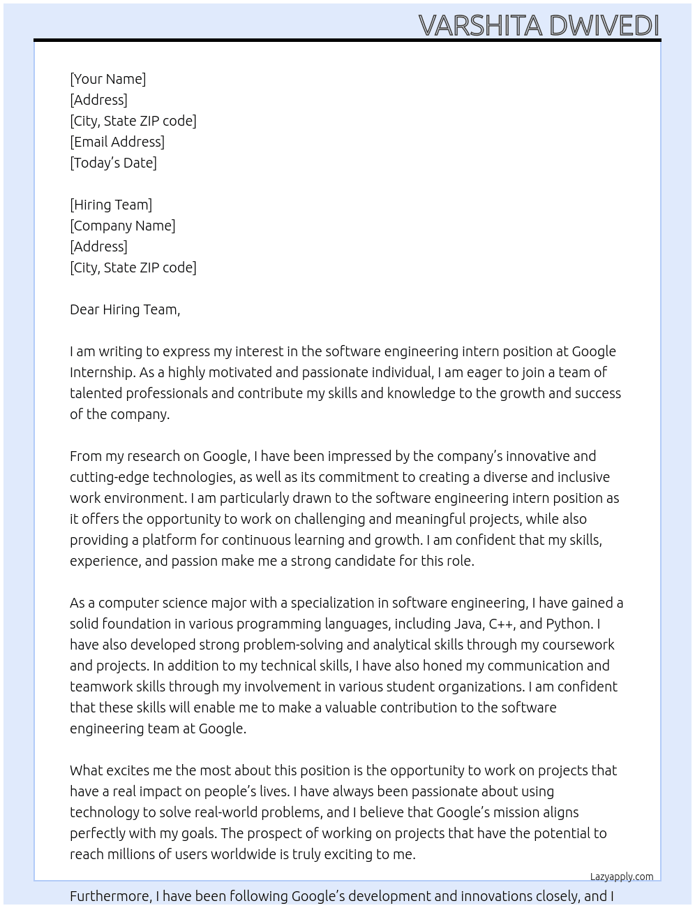 software engineering intern At Google internship Cover Letter
