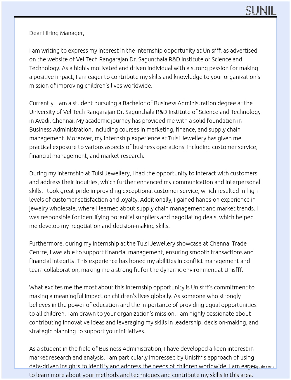 Student  At Unisfff Cover Letter