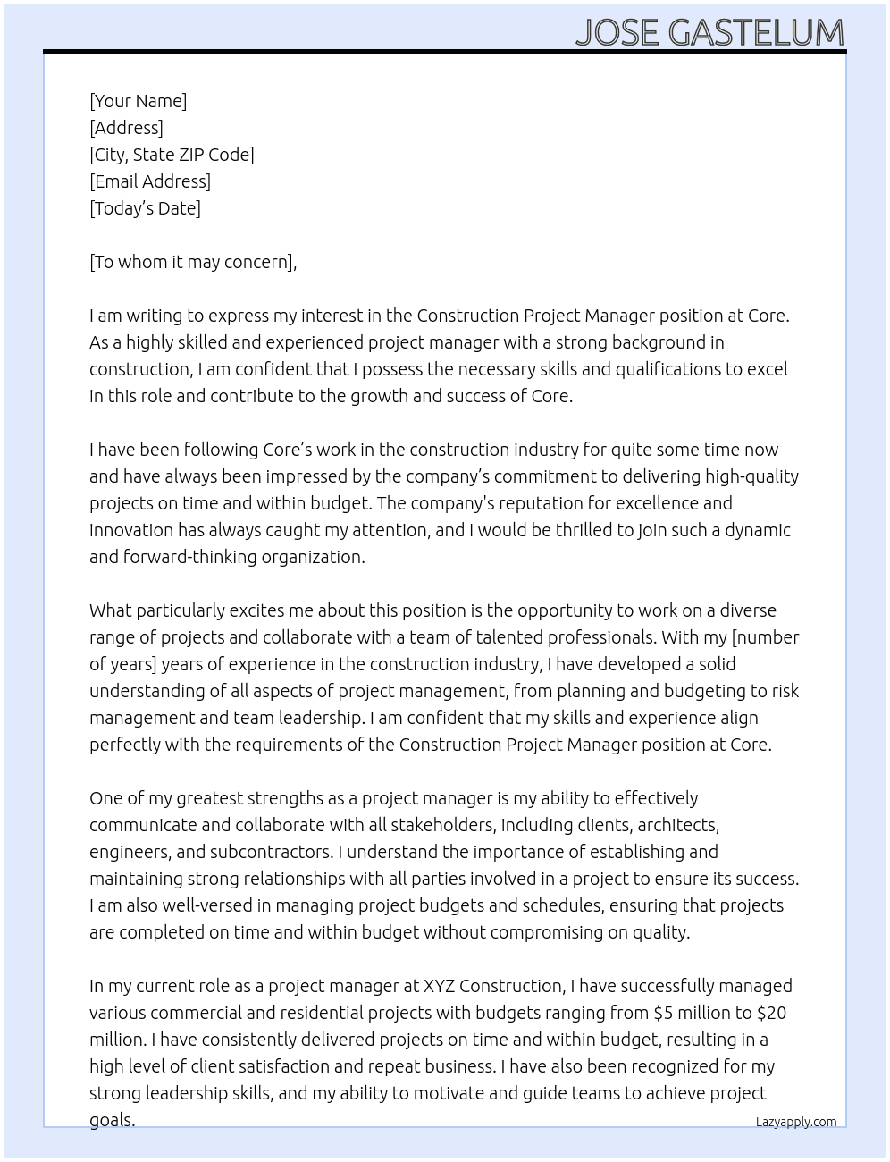 Construction Project Manager At Core Cover Letter