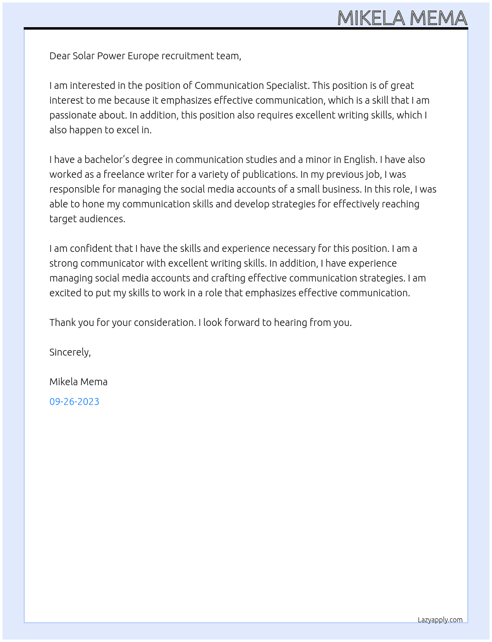Communication Specialist At Solar Power Europe Cover Letter