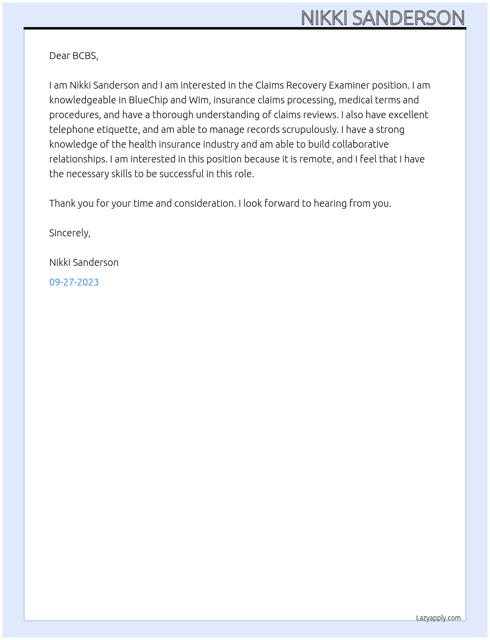 Claims Recovery Examiner At BCBS  Cover Letter