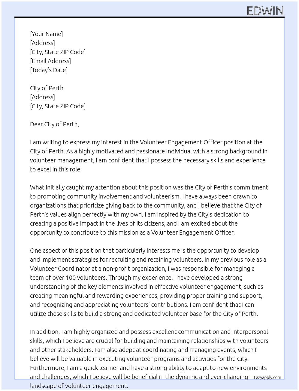 Volunteer Engament Officer At City of Perth Cover Letter