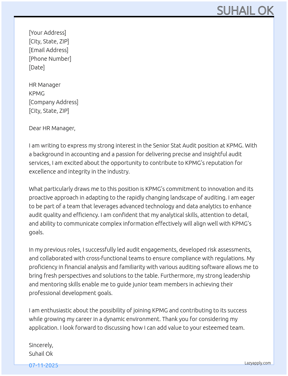 Cover letter for senior - stat audit - LazyApply