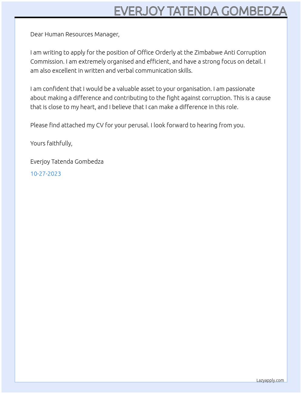 Office Orderly At Zimbabwe Anti Corruption Commission Cover Letter