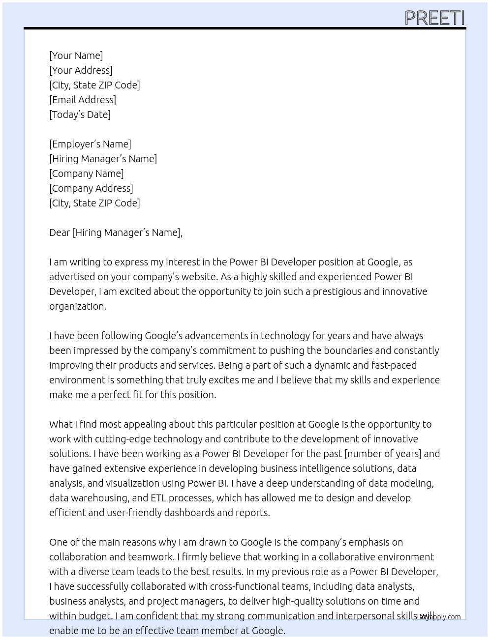 Power Bi developer At Google Cover Letter