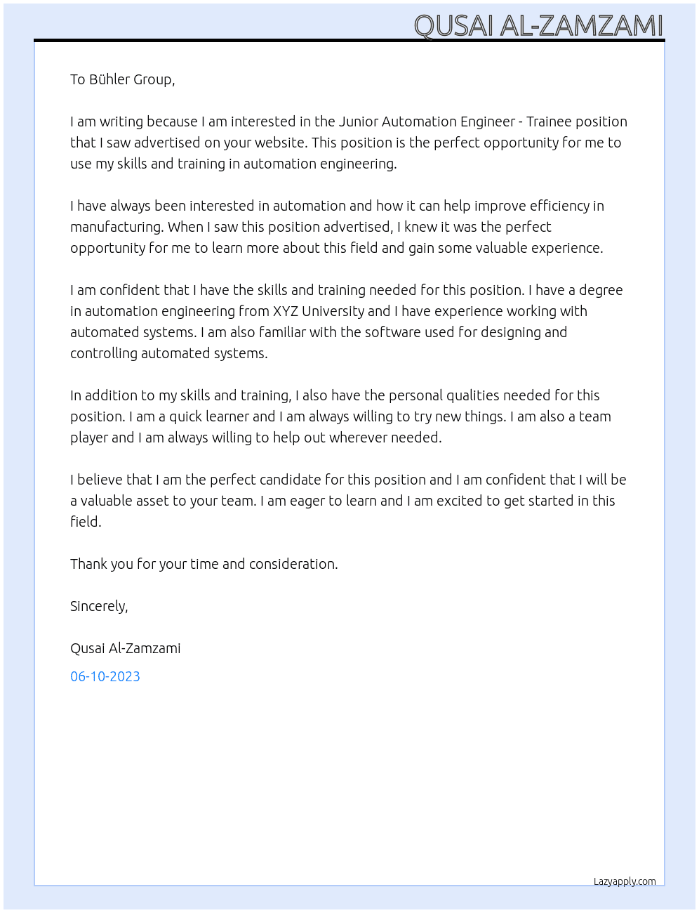 Junior Automation Engineer - Trainee At Bühler Group Cover Letter