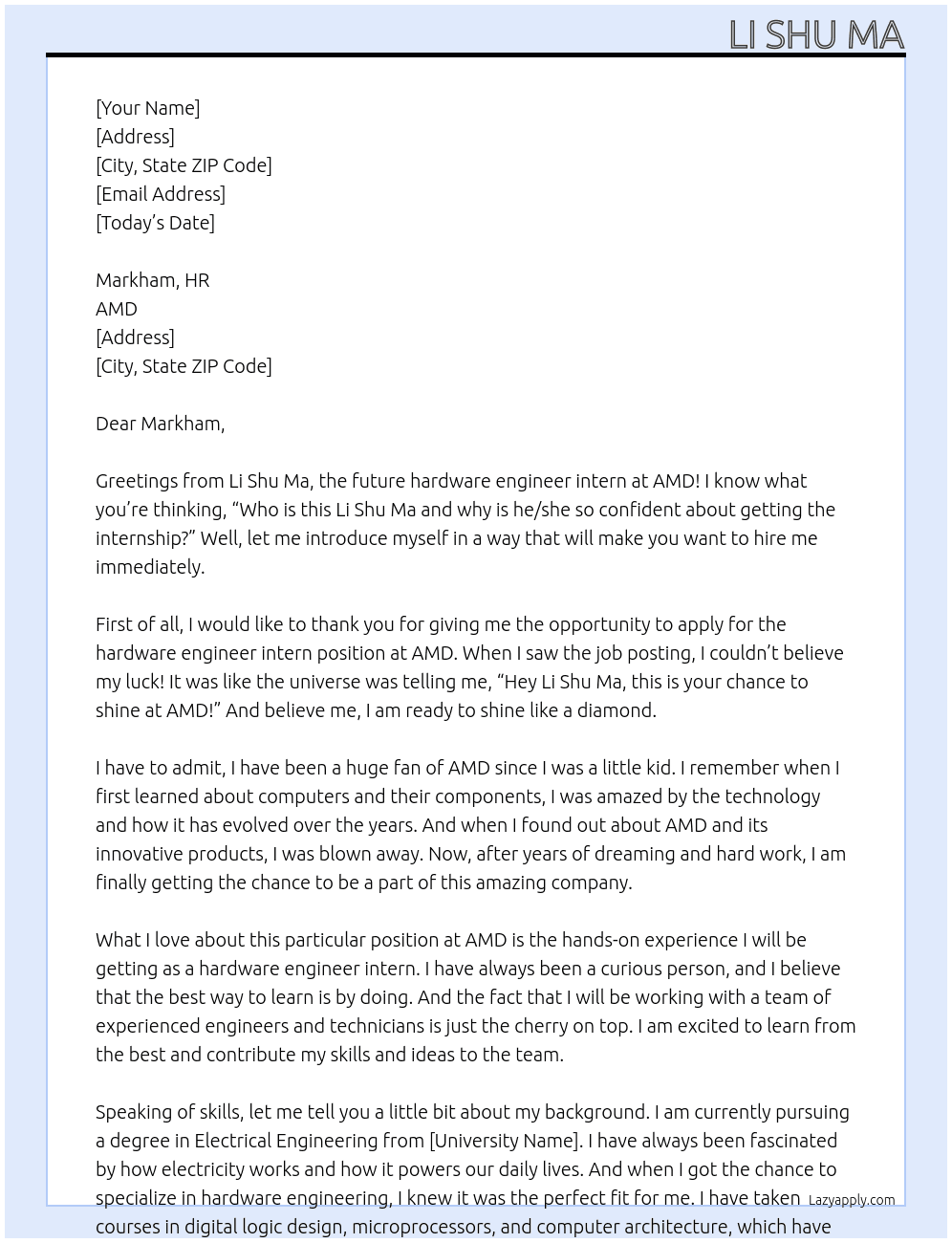 hardware engineer intern At AMD Cover Letter