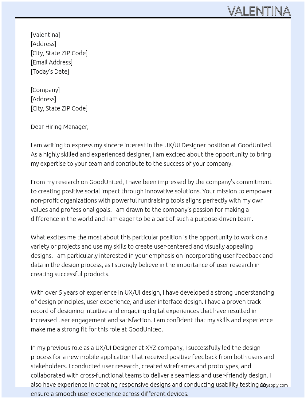 UX/UI Designer At GoodUnited Cover Letter