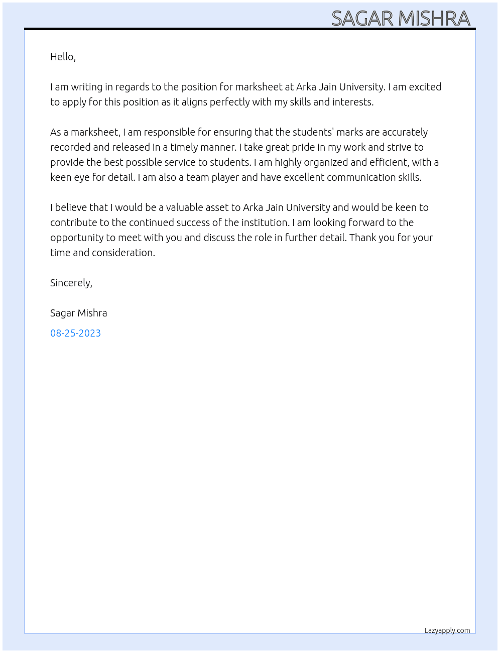 For marksheet  At Arka jain University  Cover Letter