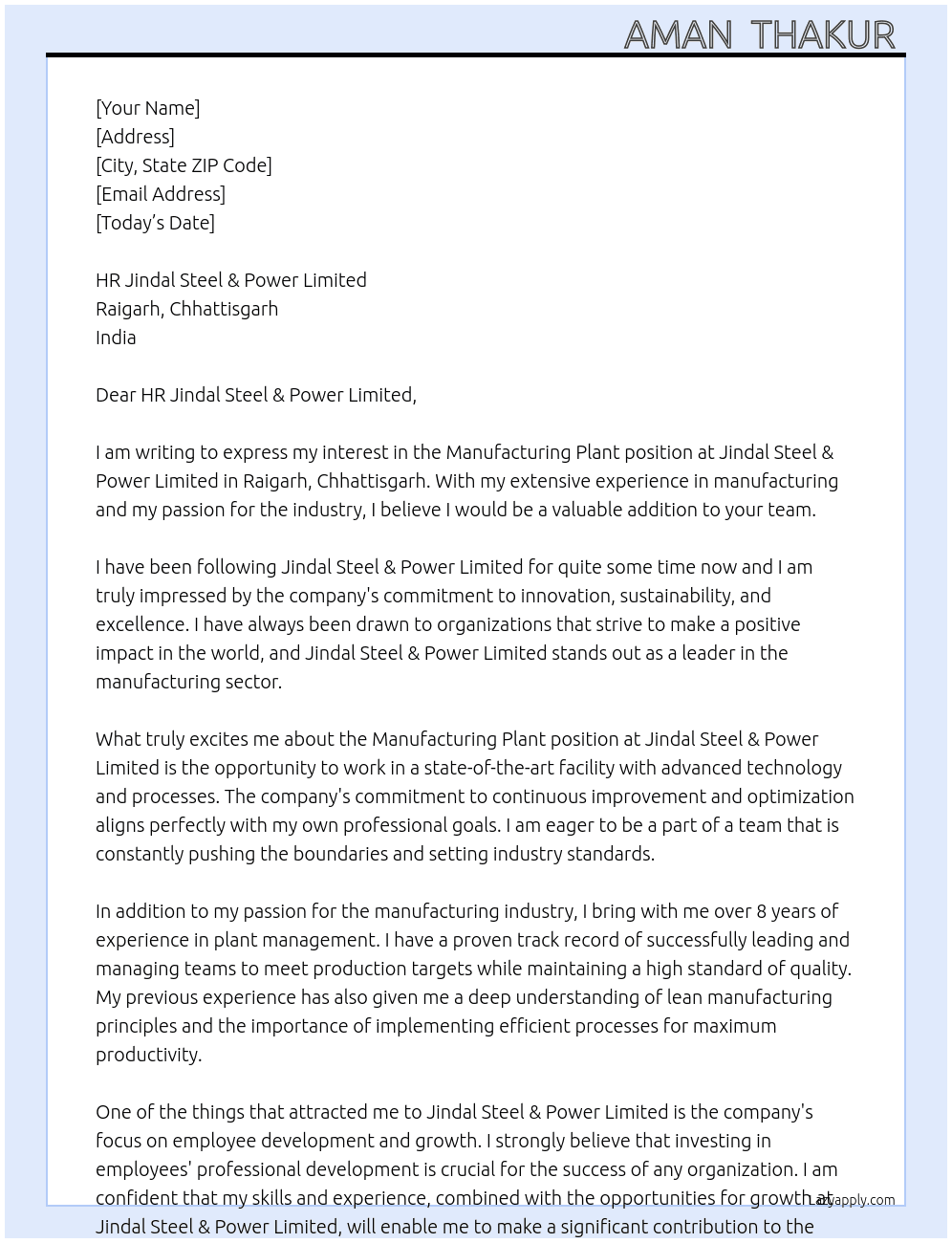 Manufacturing plant  At Jindal Steel & power limited Raigarh Chhattisgarh  Cover Letter