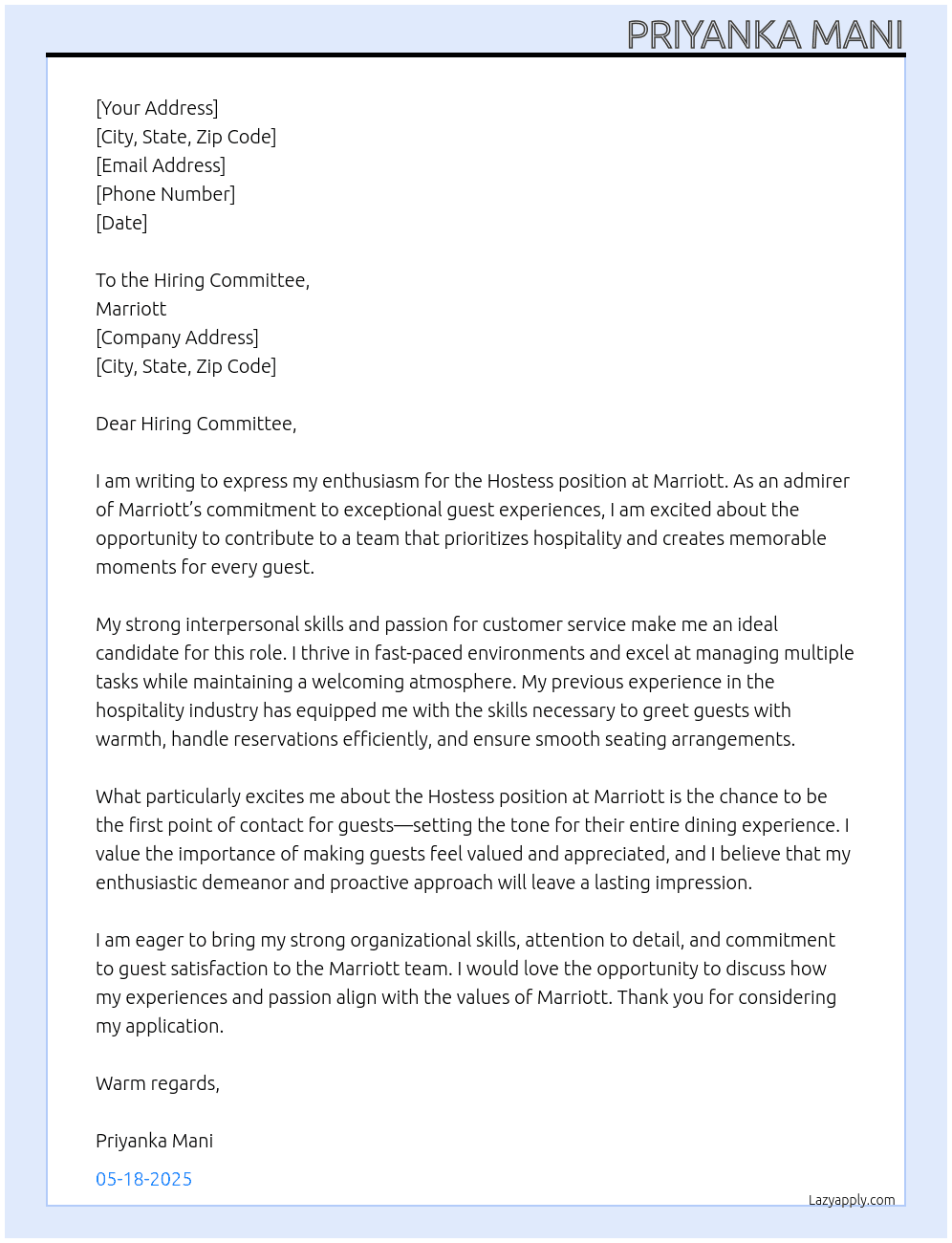 hostess At Marriott Cover Letter