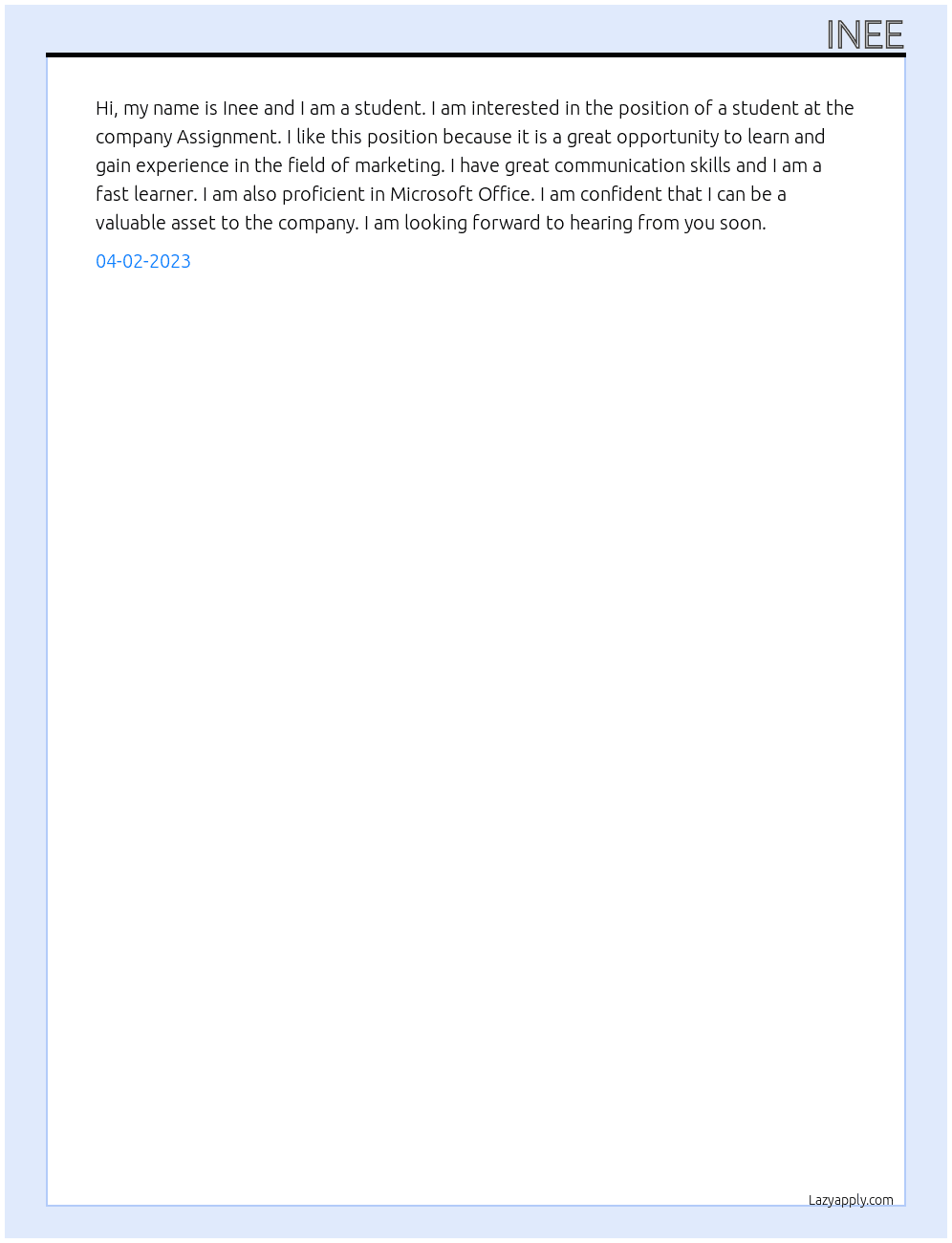 student  At assignment  Cover Letter
