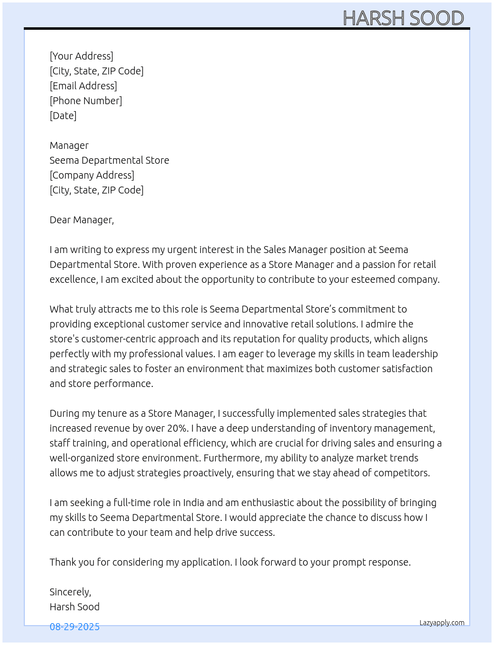 Sales manager  At Seema departmental store  Cover Letter