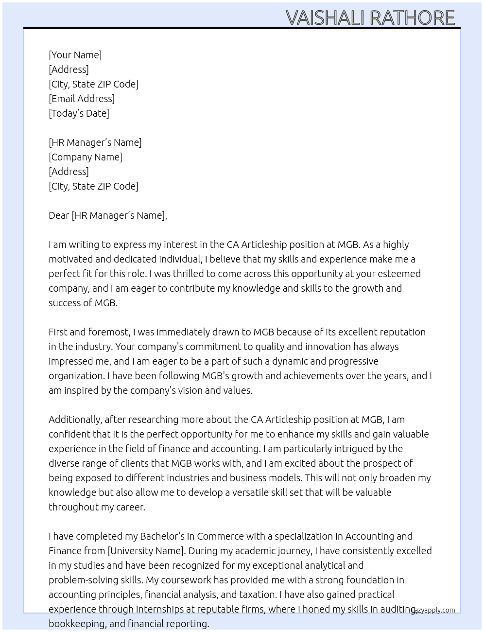 CA Articleship  At MGB  Cover Letter