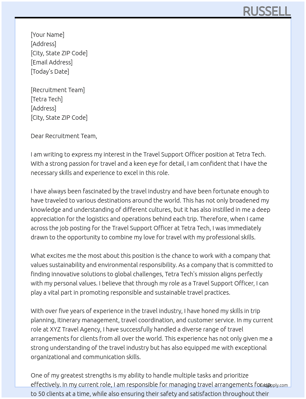 Travel Support Officer At Tetra Tech Cover Letter