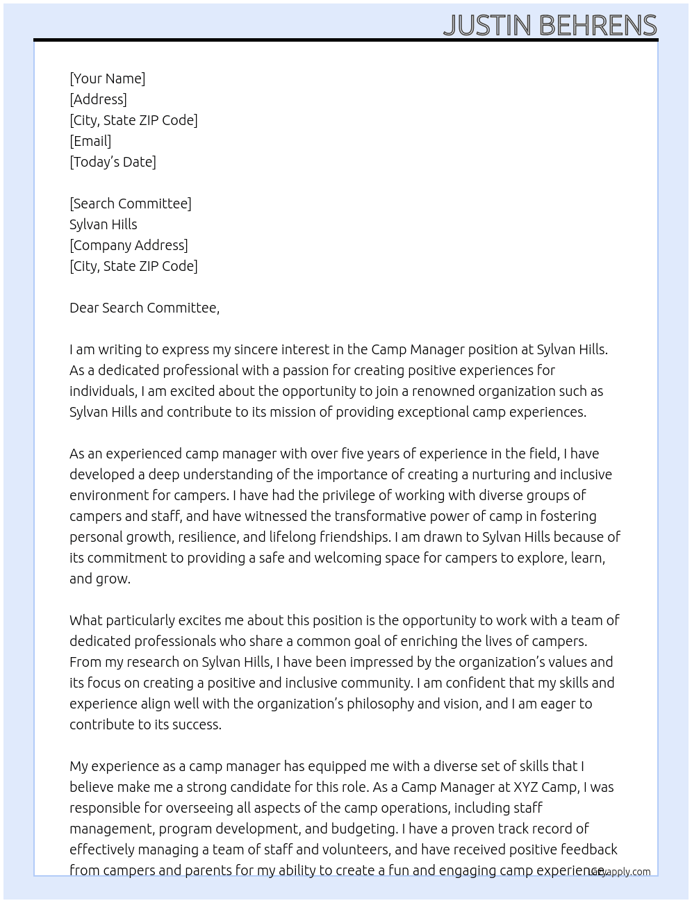 Camp Manager At Sylvan Hills Cover Letter