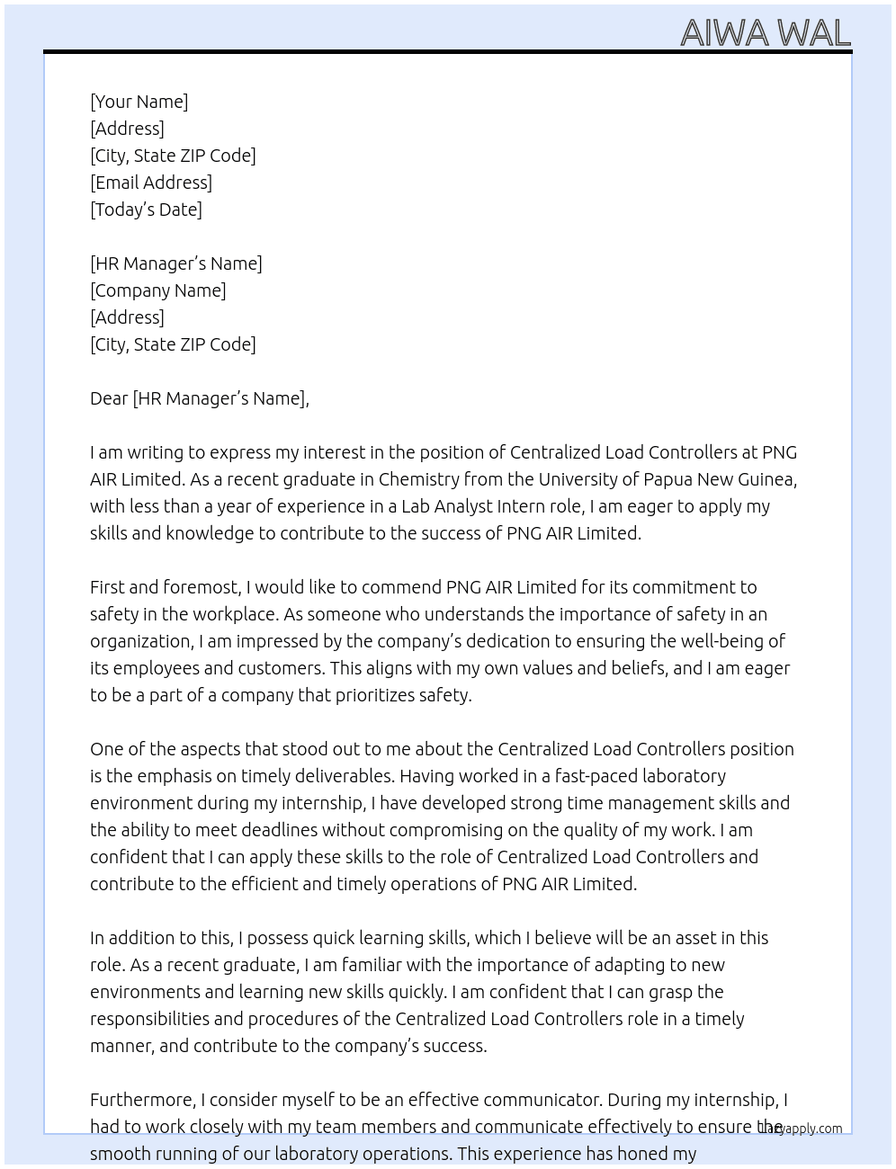 CENTRALIZED LOAD CONTROLLERS At PNG AIR Limited Cover Letter