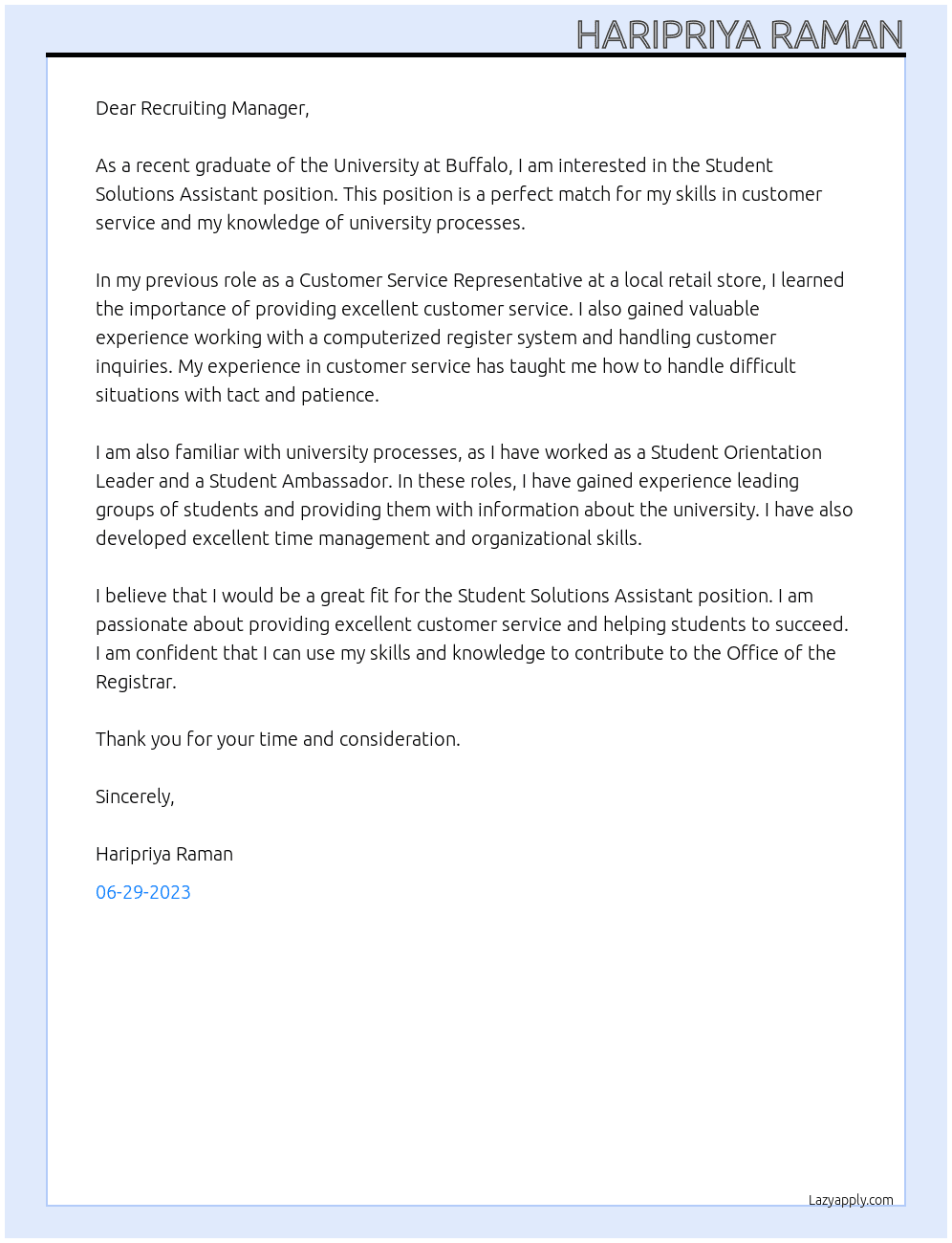 Student Solutions Assistant At The University at Buffalo, Office of the Registrar Cover Letter