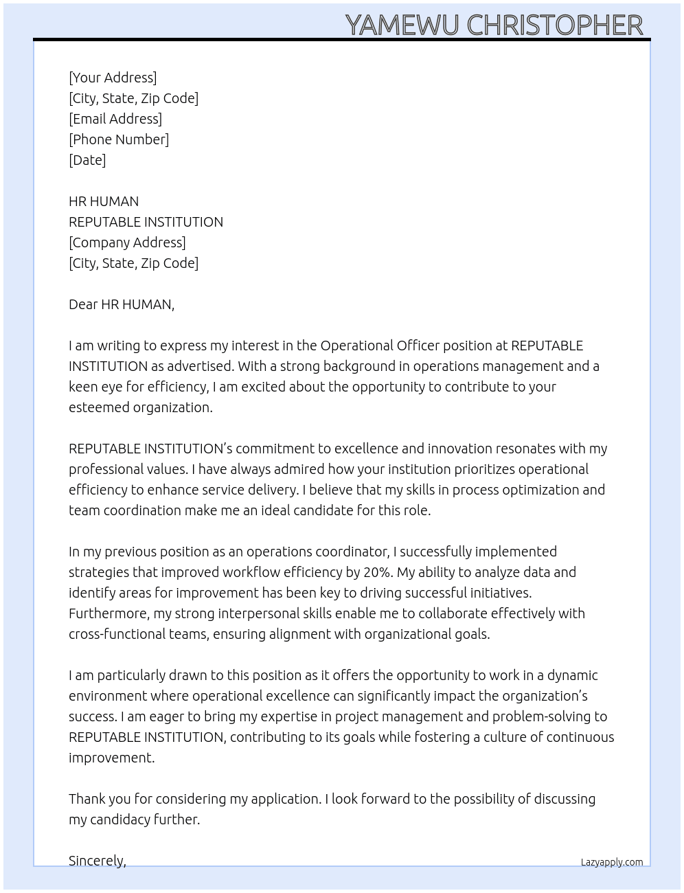 Cover letter for operational officer - LazyApply
