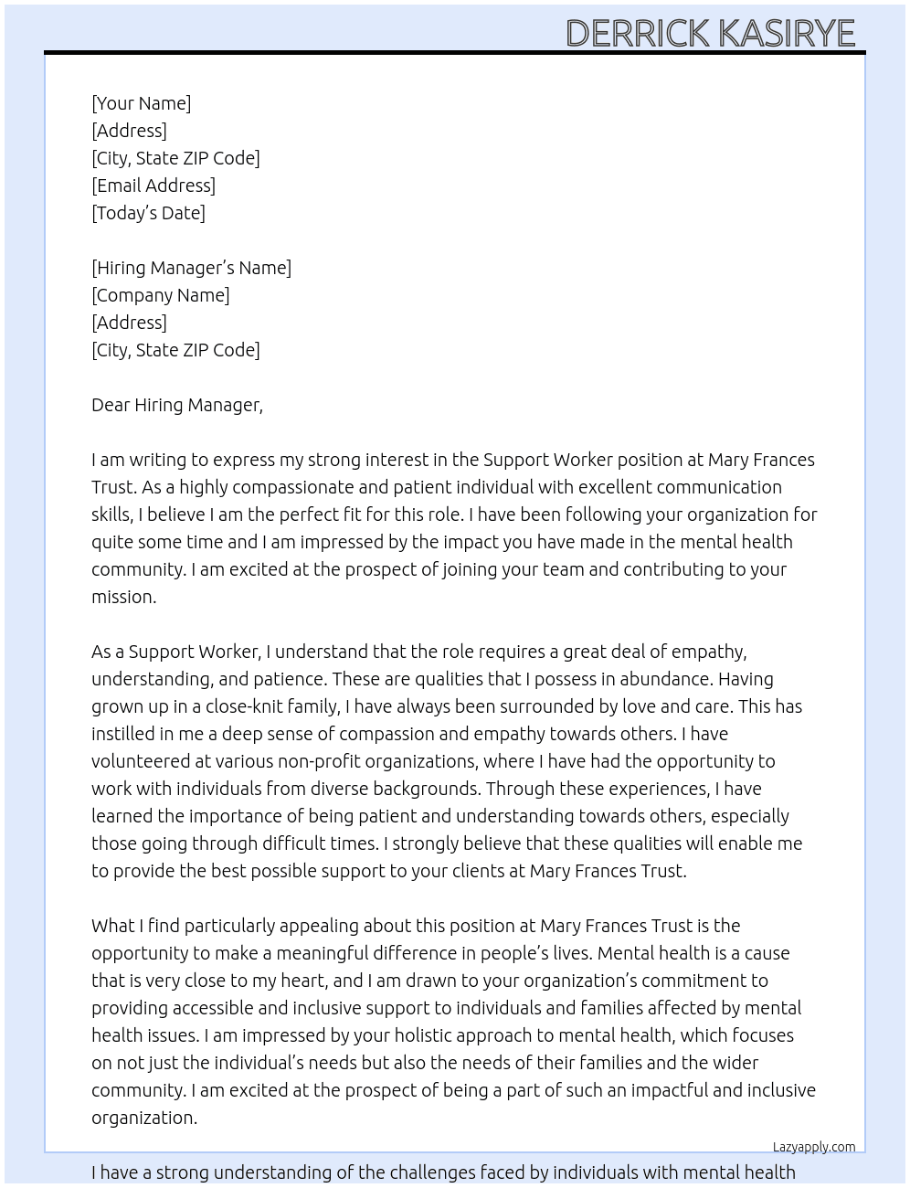 Support Worker  At Mary Frances trust  Cover Letter