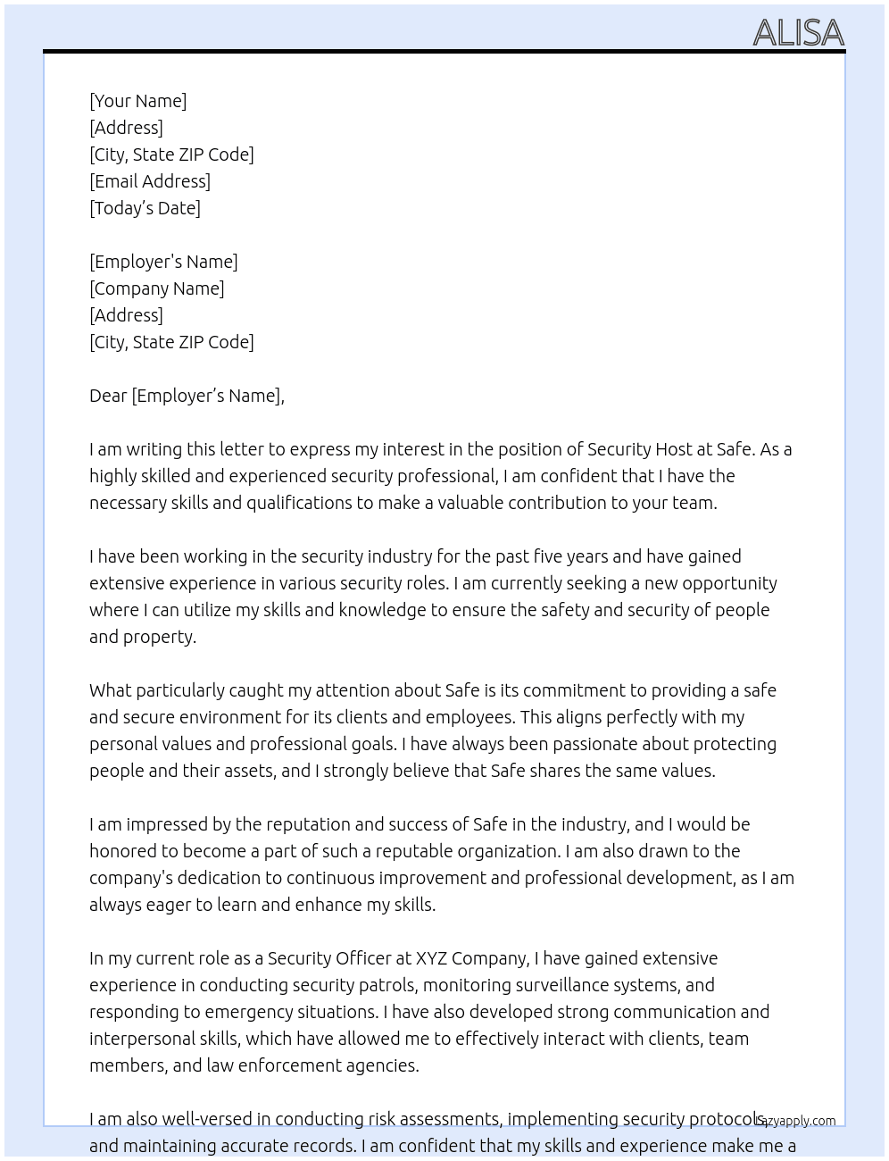 security host At safe Cover Letter