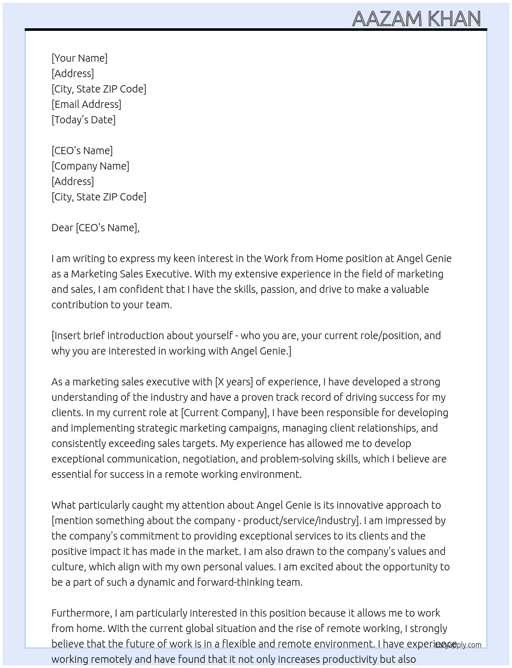 Work from home  At Angel genie Cover Letter