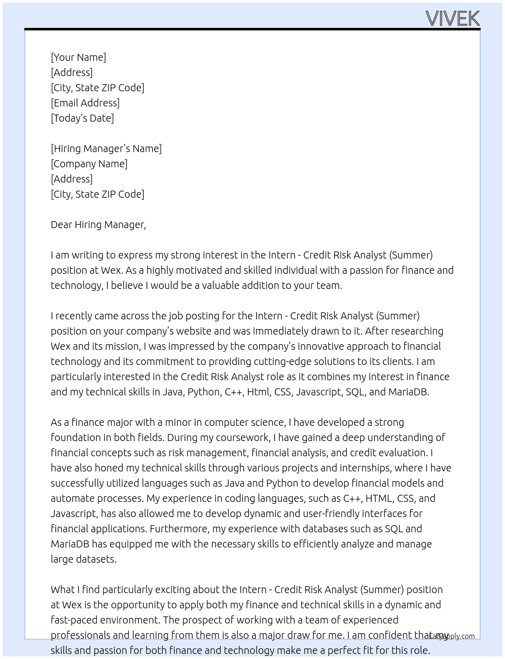 Intern - Credit Risk Analyst (Summer) At Wex Cover Letter