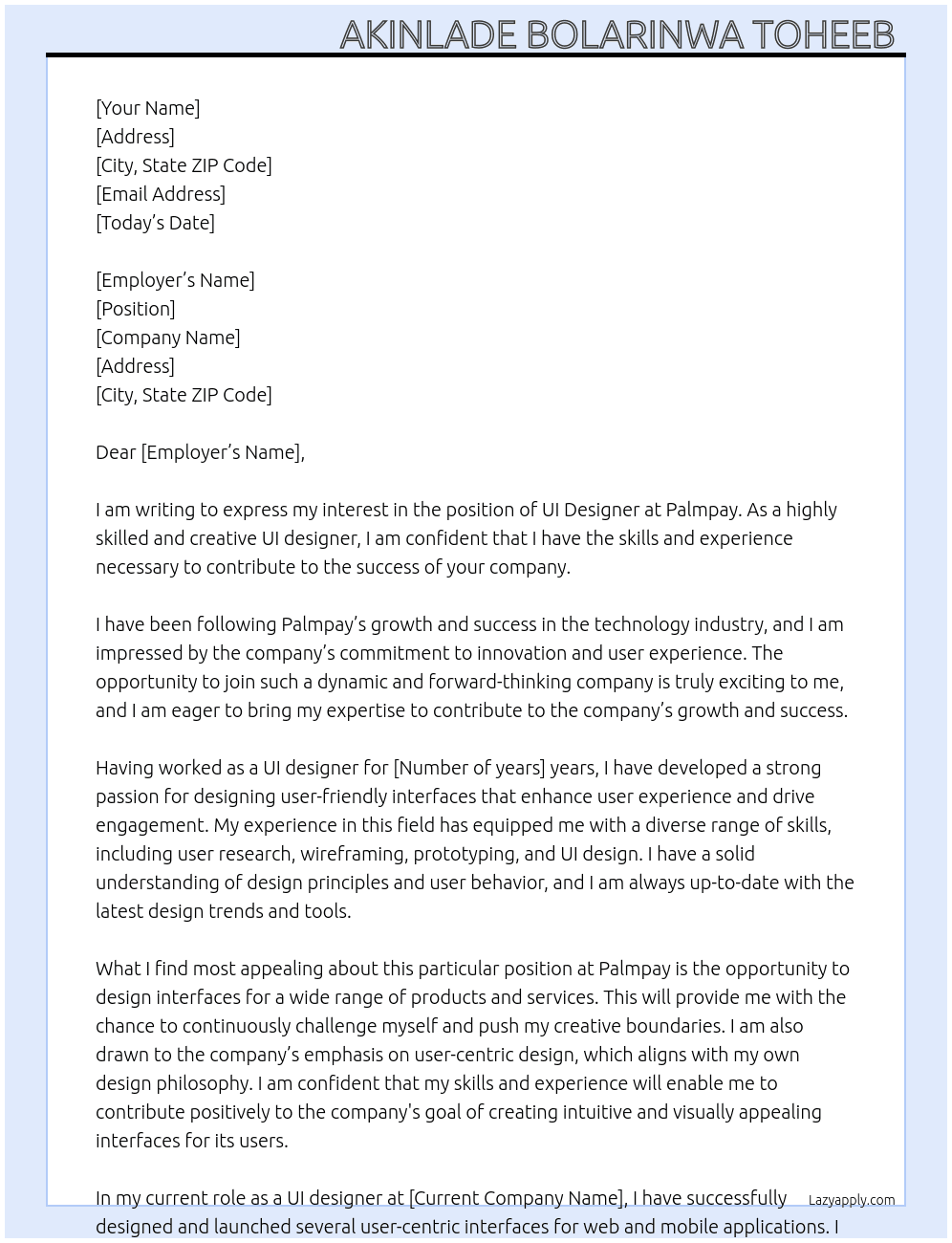 UI designer  At palmpay Cover Letter