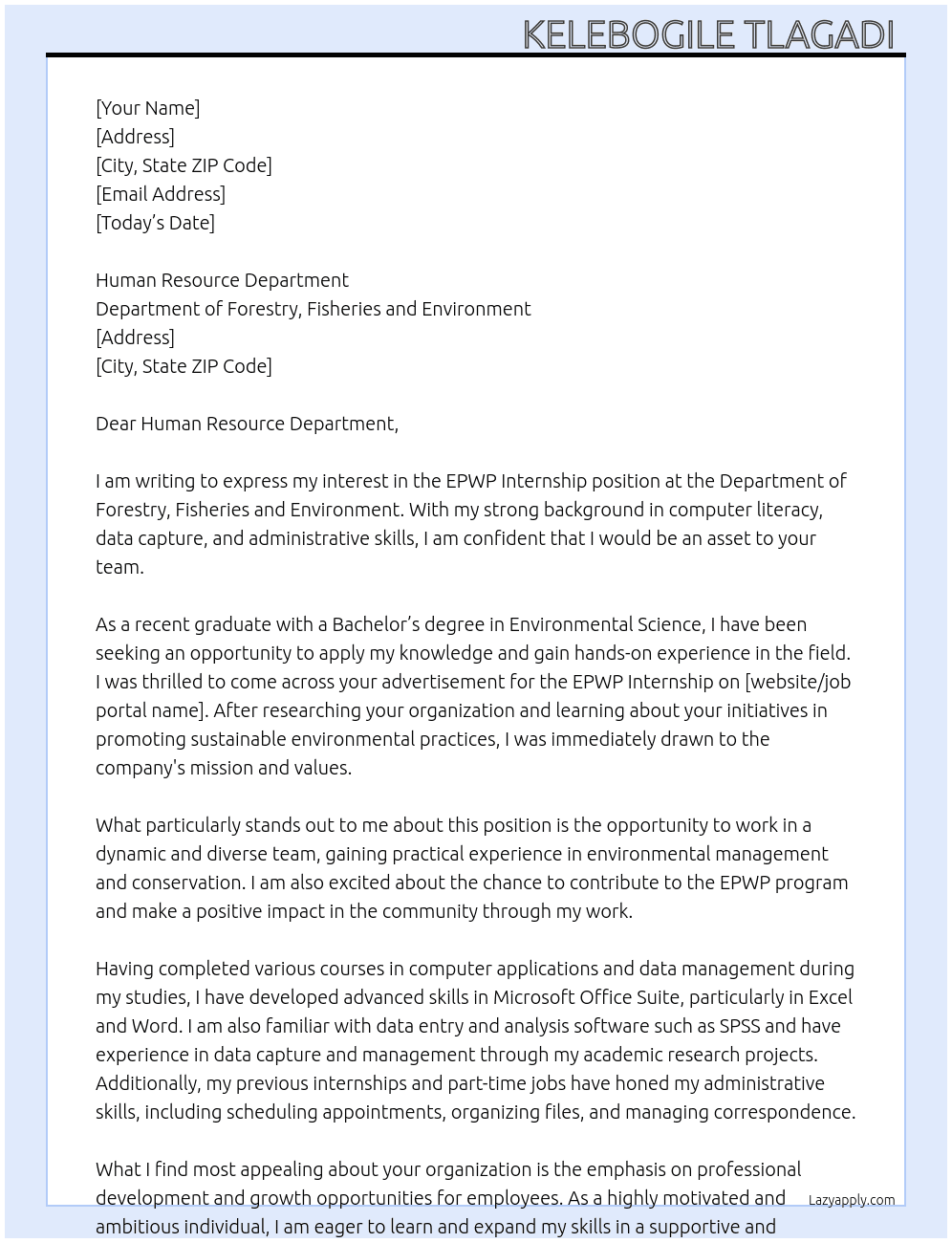 Cover letter for epwp internship - LazyApply