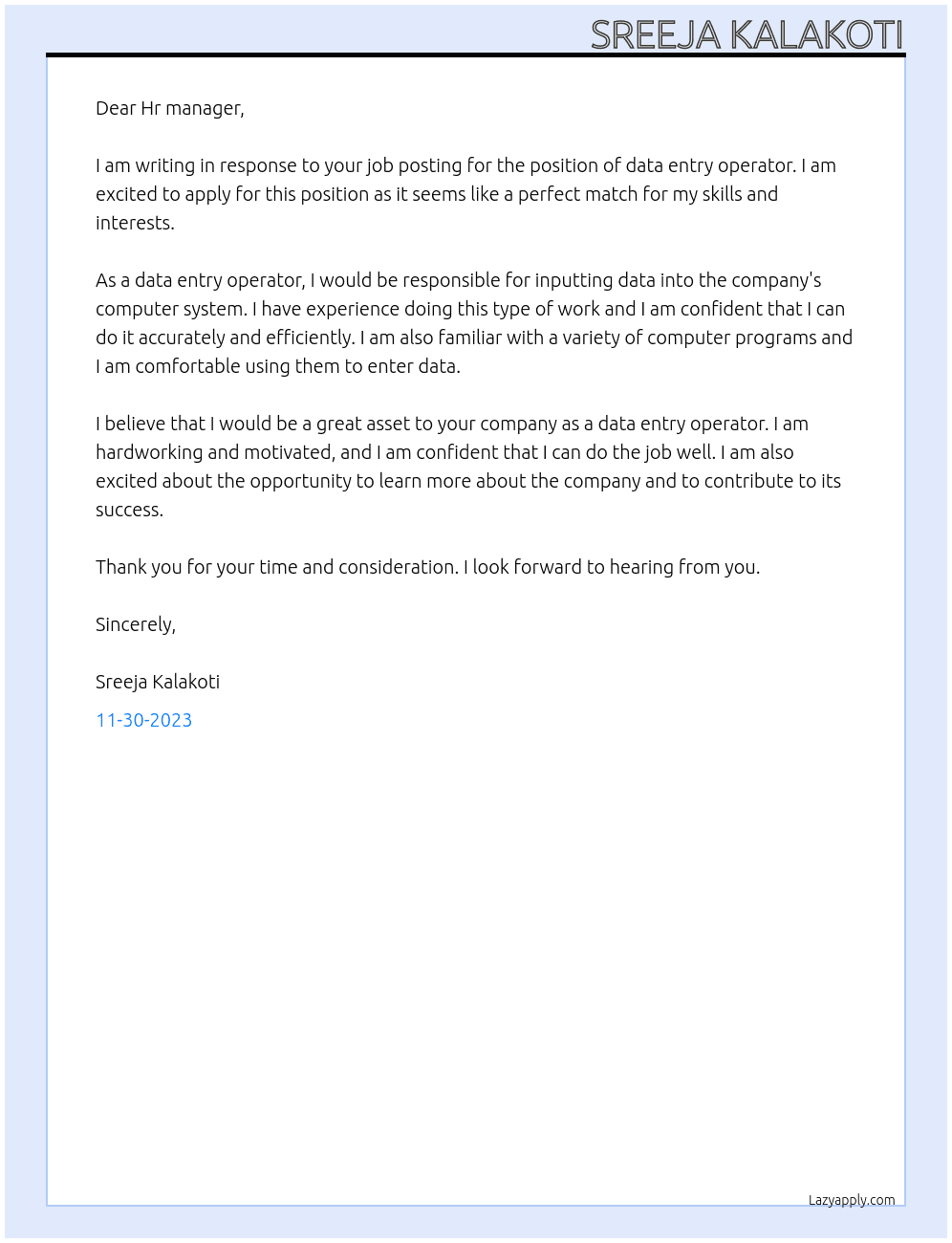 data entry operator At upgrade Cover Letter