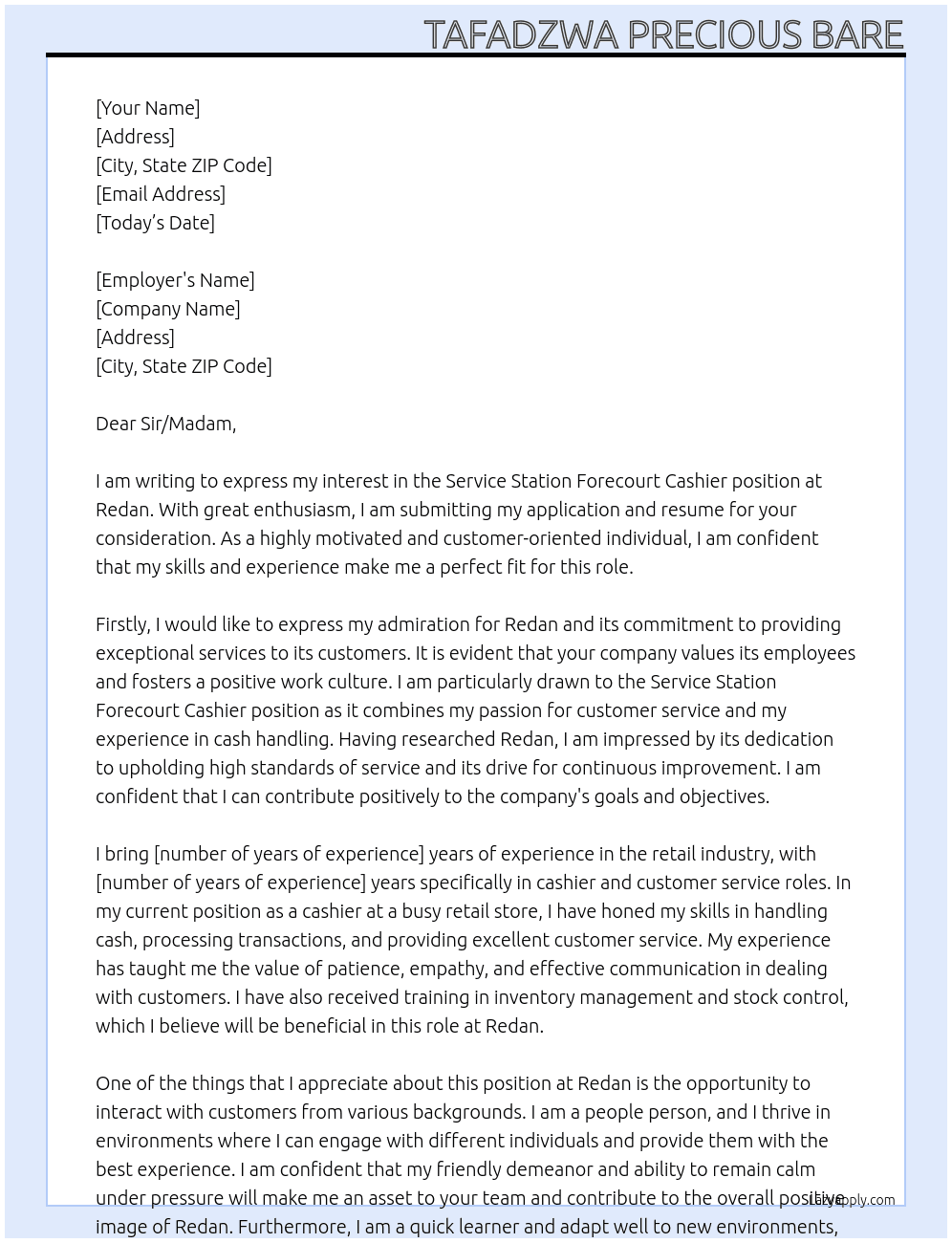 SERVICE STATION FORECOURT CASHIER  At Redan Cover Letter