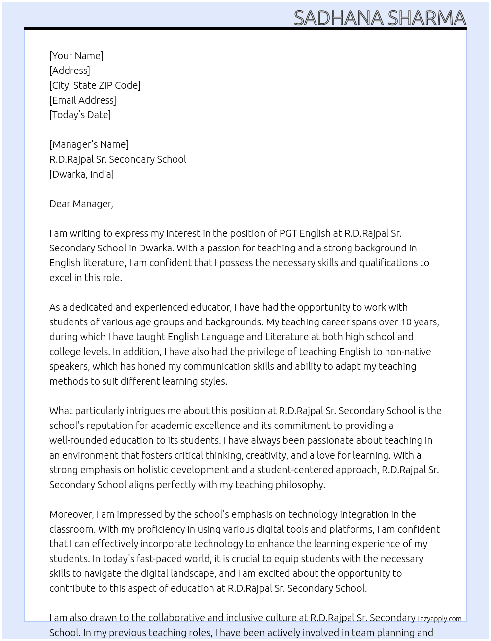 PGT English  At R.D.Rajpal Sr. Secondary School (Dwarka) Cover Letter