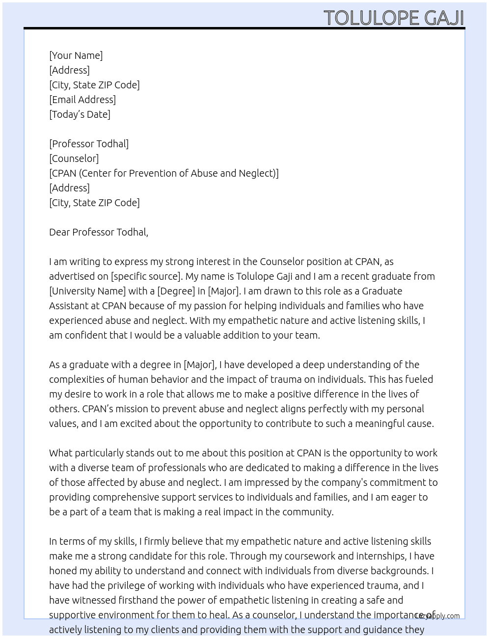 Counselor At Cpan( Center for Prevention of Abuse and Neglect) Cover Letter