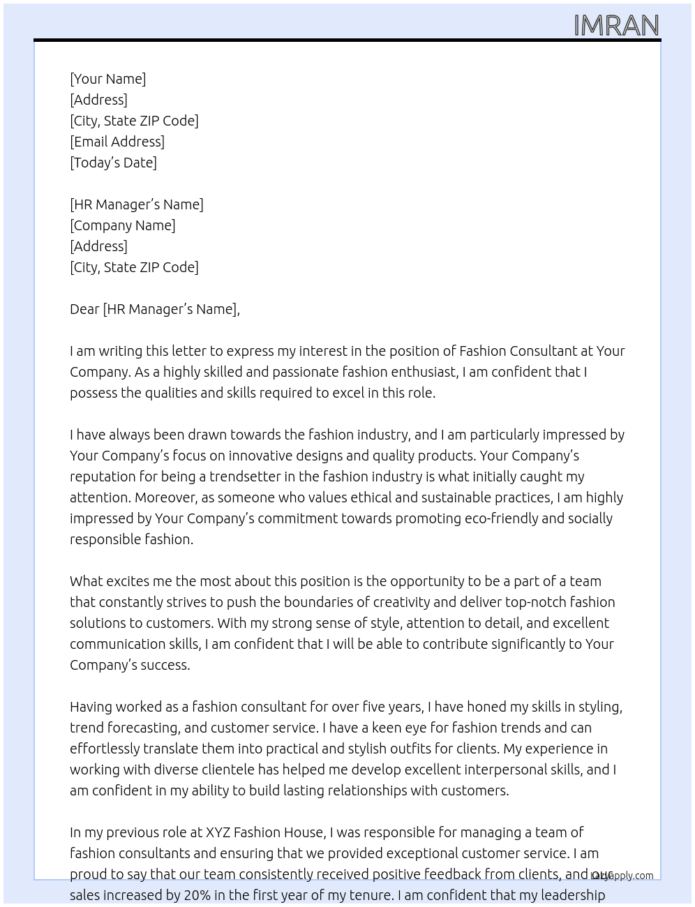 Fashion consultant  At Your company  Cover Letter