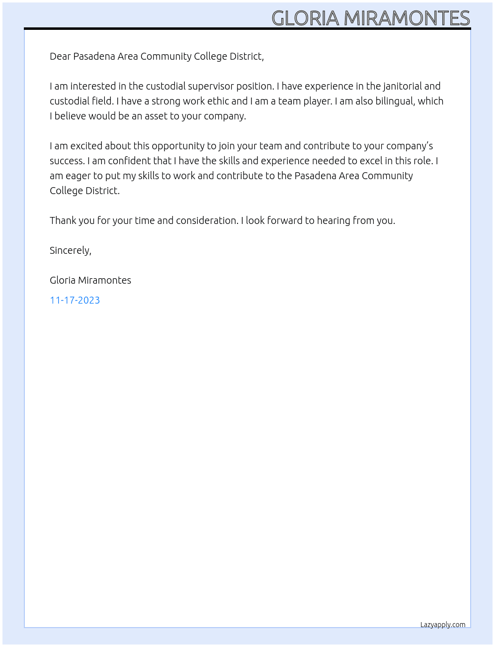 custodial supervisor At Pasadena Area Community College District Cover Letter