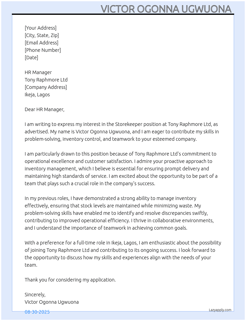 Storekeeper  At Tony Raphmore Ltd  Cover Letter