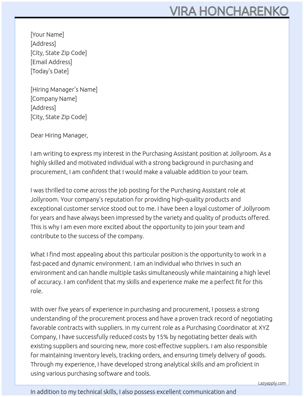 Purchasing Assistant At Jollyroom Cover Letter