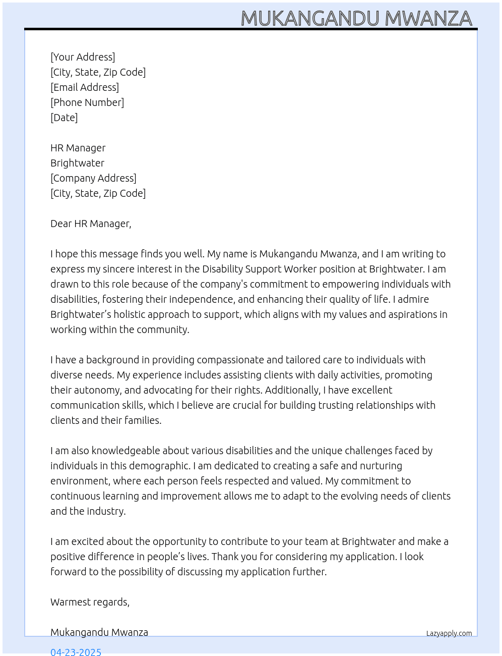 Disability Support worker  At Brightwater  Cover Letter