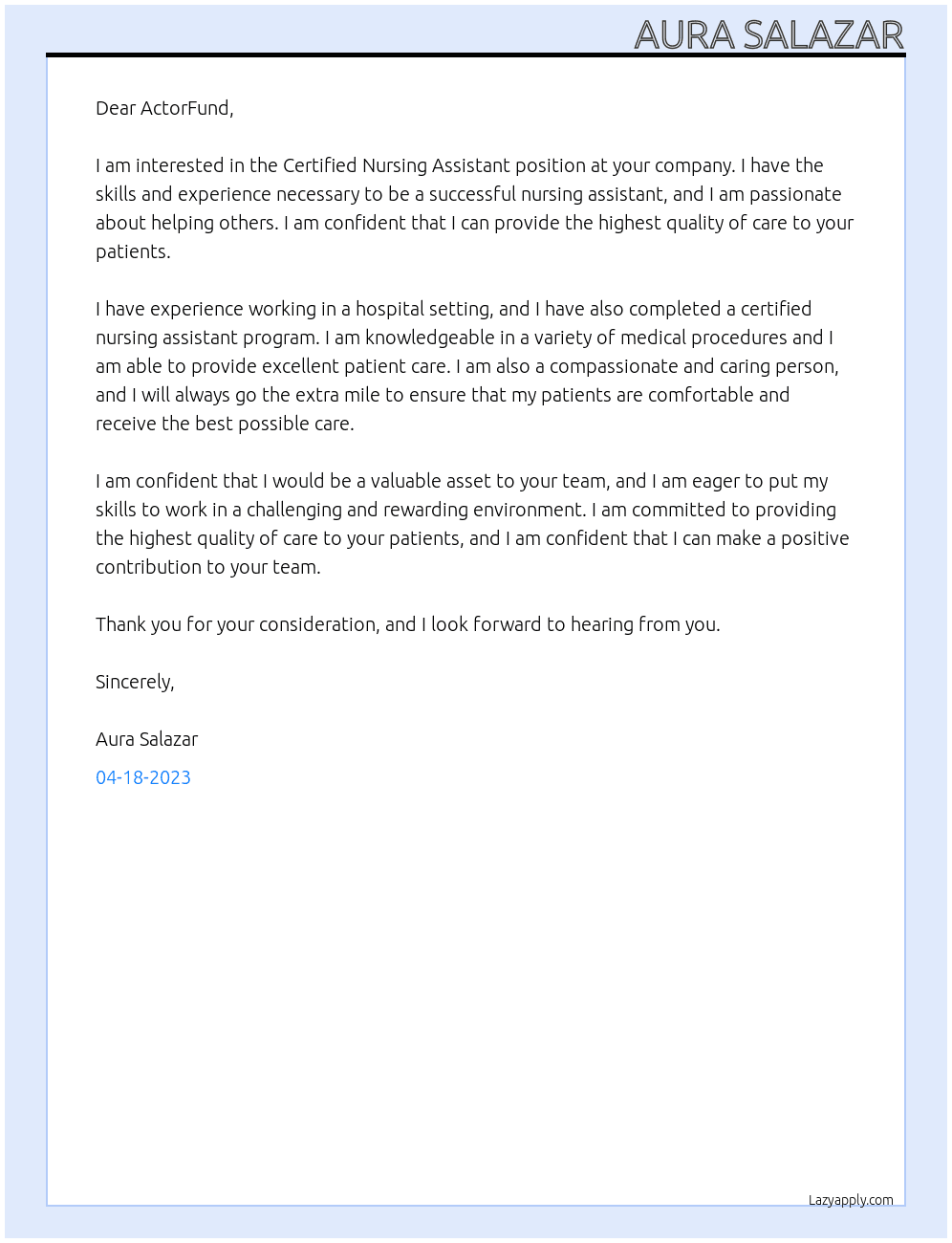 Certified Nursing Assistant At ActorFund Cover Letter
