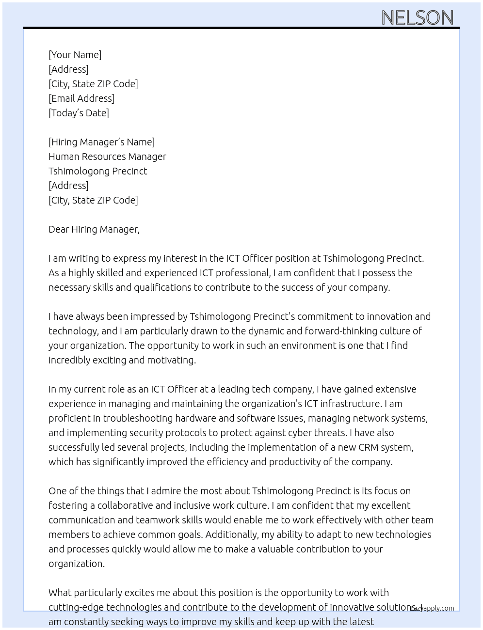 ICT Officer  At Tshimologong Precinct  Cover Letter