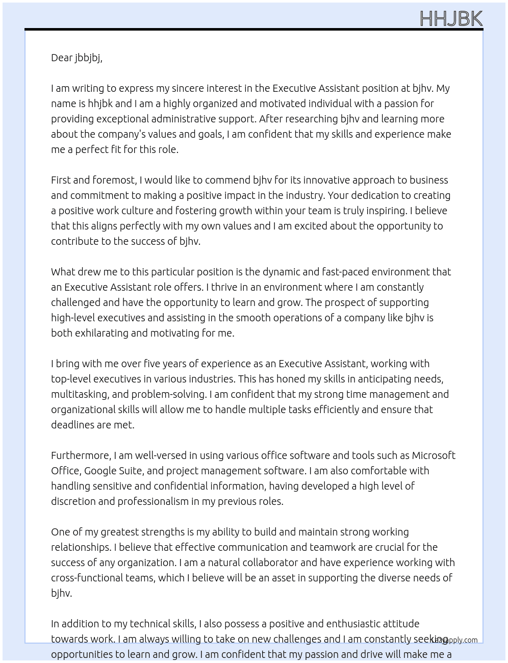 Executive Assistant At bjhv Cover Letter