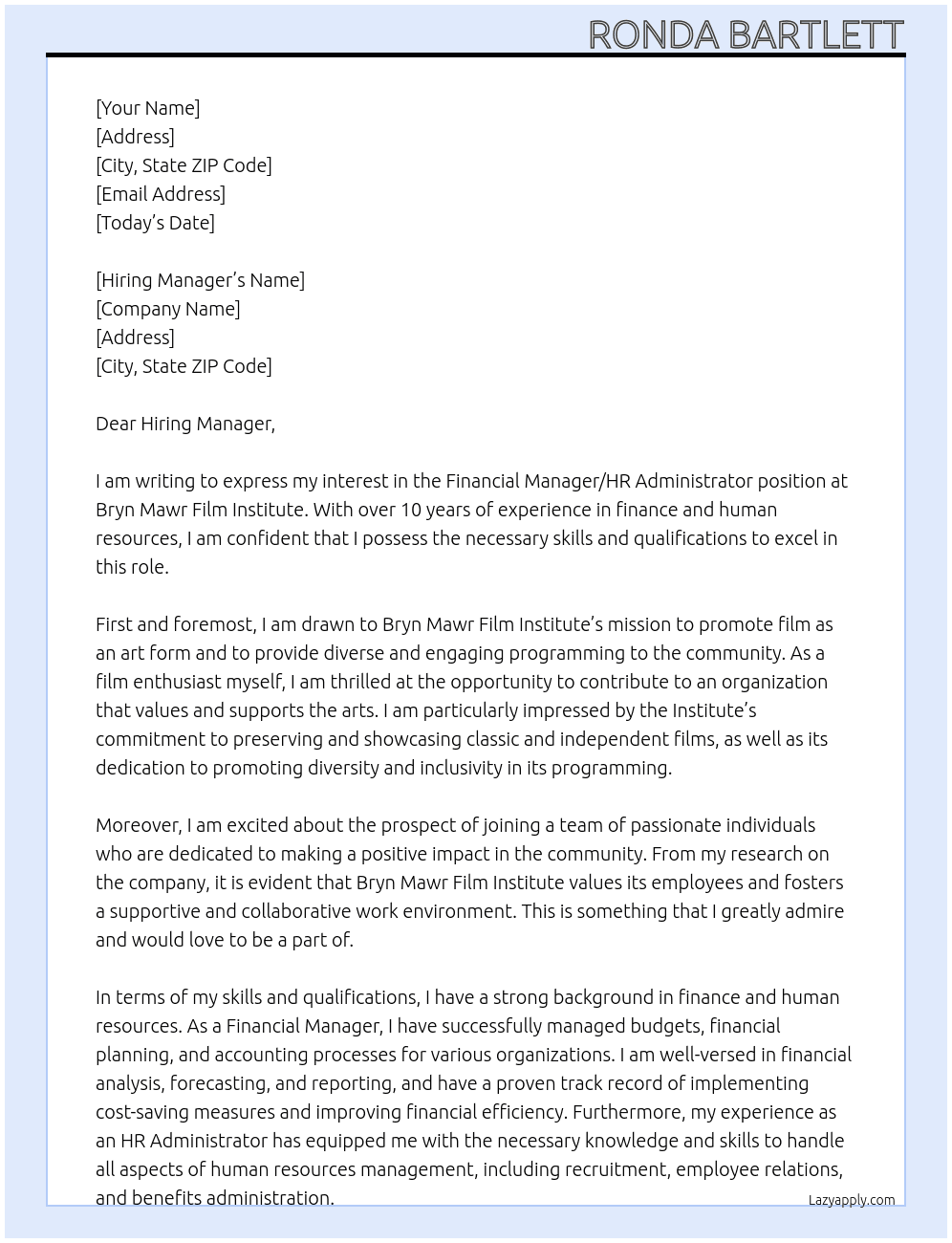 Financial Manager/HR Administrator At Bryn Mawr Film Institute Cover Letter