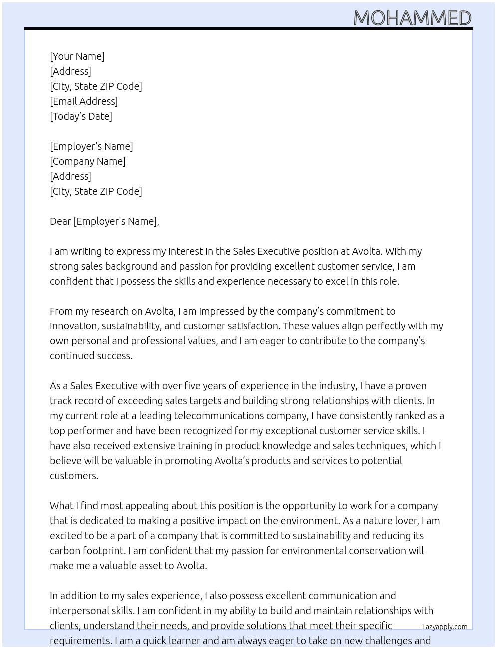 Sales executive At avolta Cover Letter