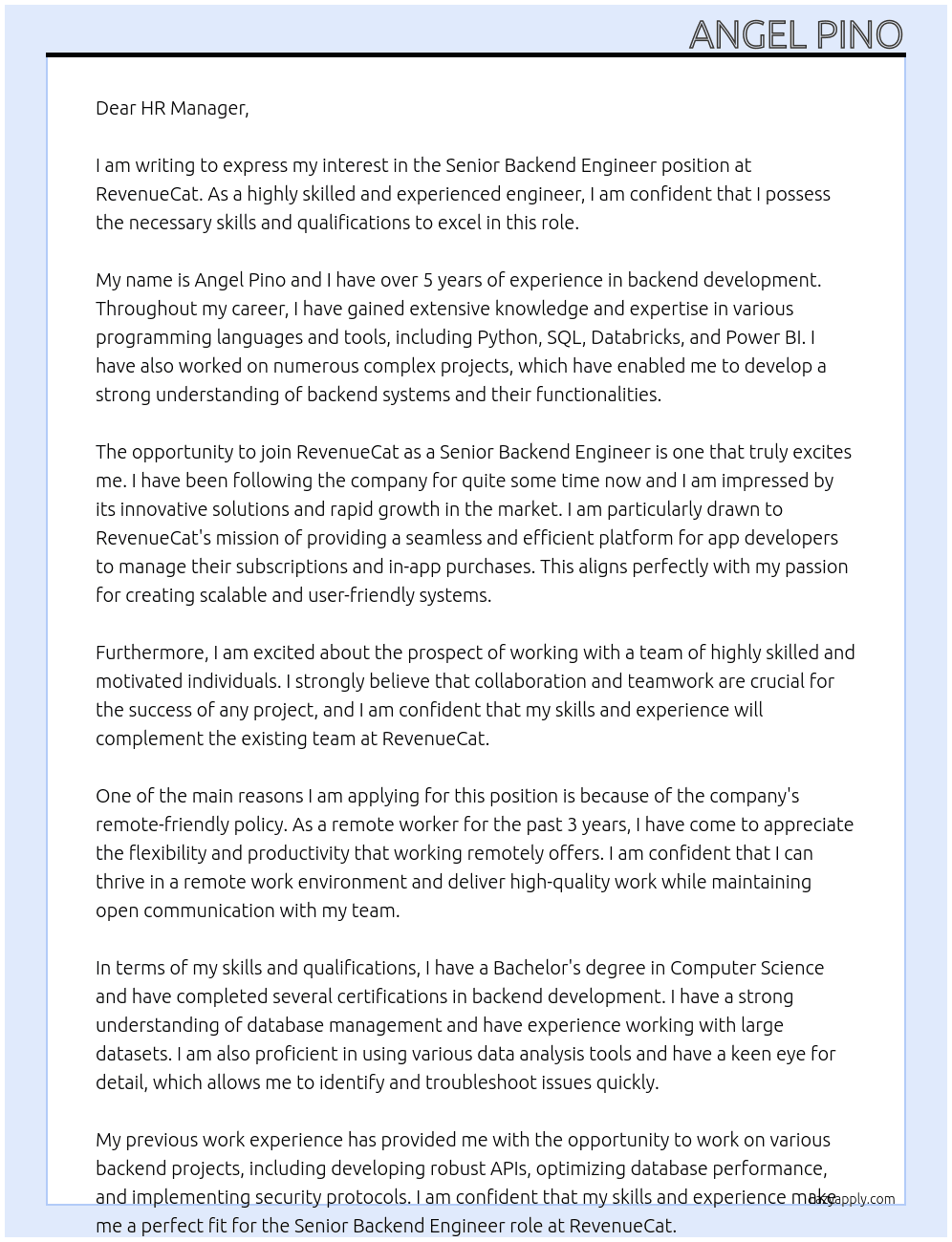 Senior Backend Engineer At RevenueCat Cover Letter